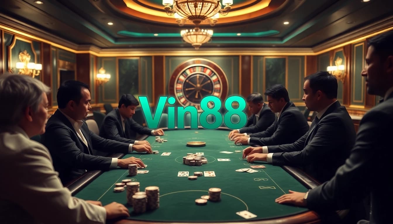 Experience the excitement of Vin88 with professional poker players at a luxurious casino table.