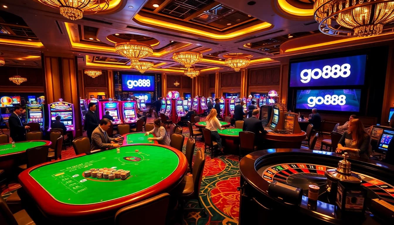 Engaging players at a luxurious casino scene with vibrant go88 branding in the background.