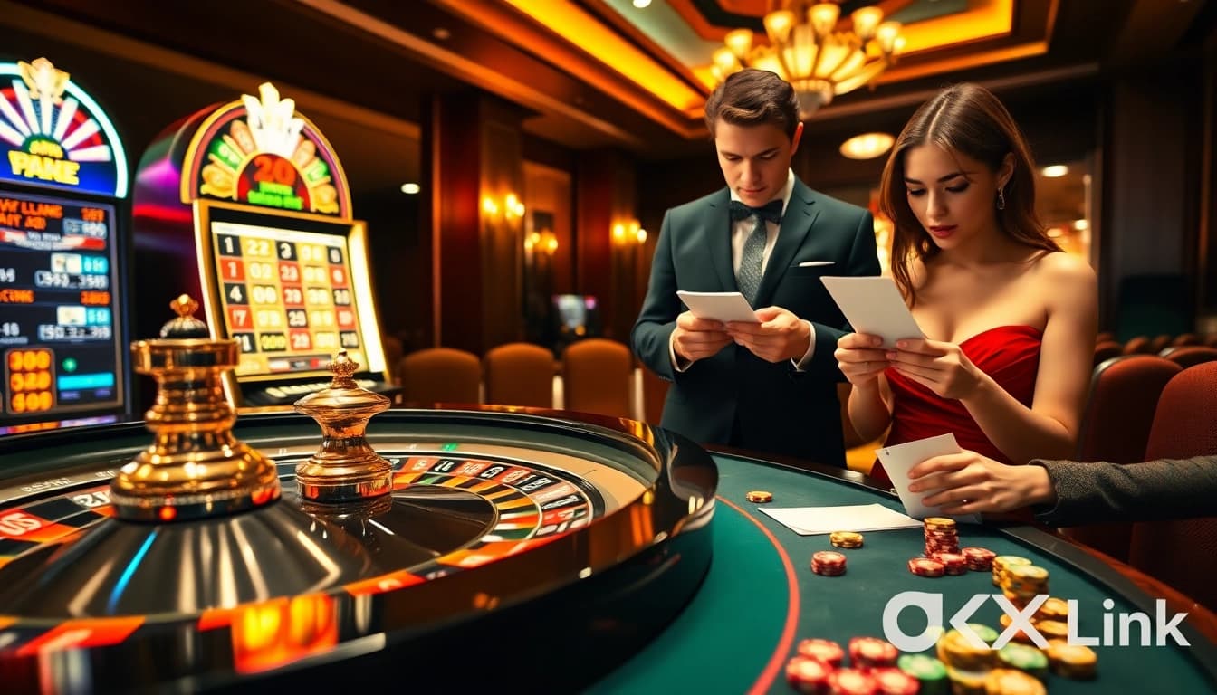 Experience excitement at the casino with OK9 Link, featuring roulette tables, slot machines, and eager players.