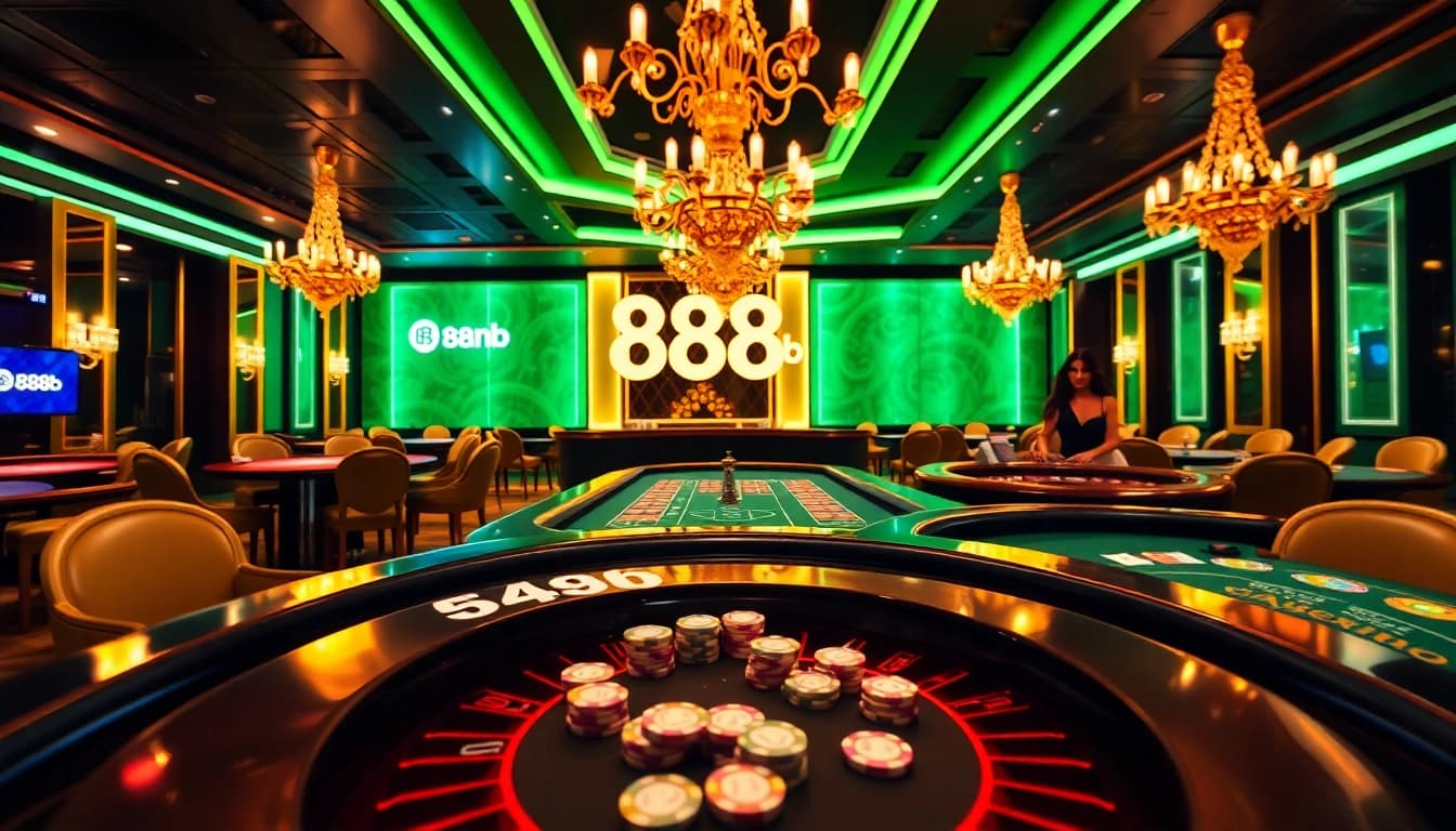 Players engaging with the excitement of 888b casino tables and glamorous dealers.