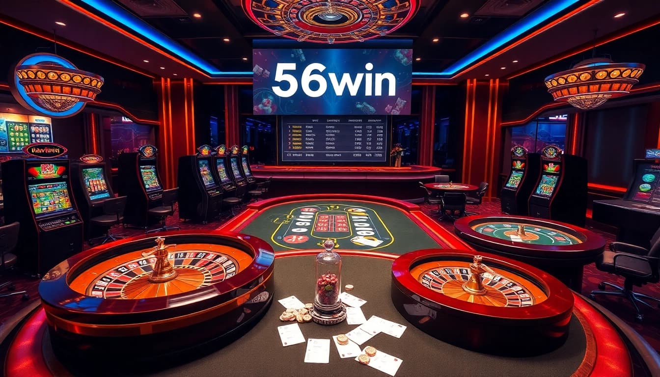 Experience the thrill of 56win at a luxurious casino with vibrant gaming tables and slot machines.
