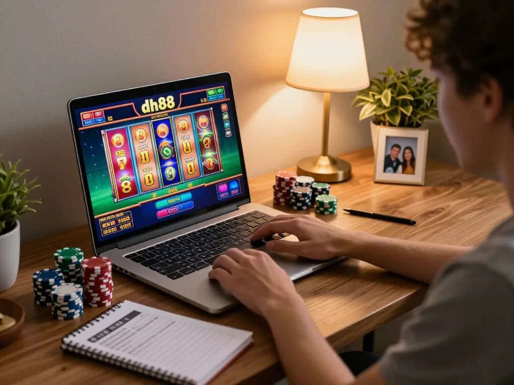 Engaging in a dh88 game on a laptop with colorful slot machine interface, showcasing a comfortable home gaming environment.