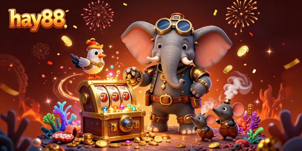 Experience the thrill of gaming at hay88 with a vibrant 3D slot machine scene featuring luck and excitement.