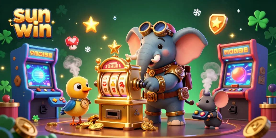 Spin to win at Sun Win with a 3D steampunk elephant operating a golden slot machine in a vibrant casino scene.