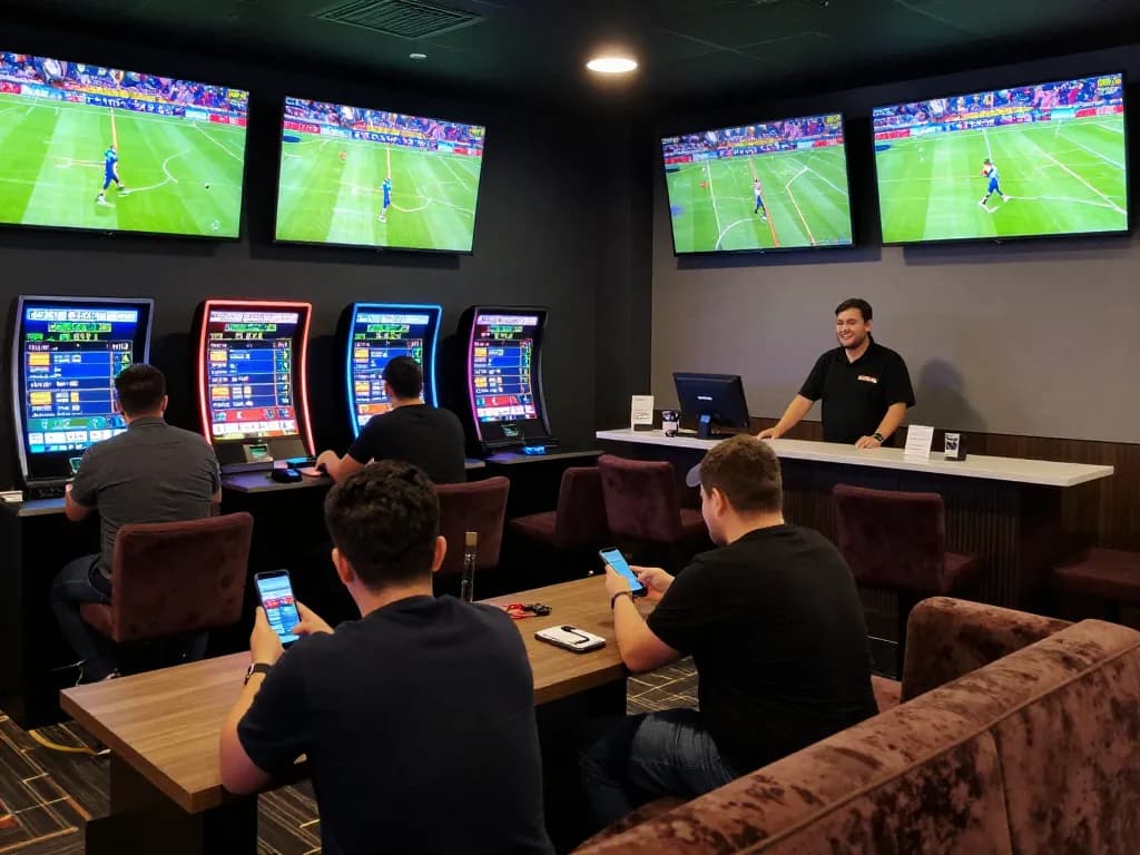 Soi keo sports betting scene with enthusiasts analyzing odds and placing bets.