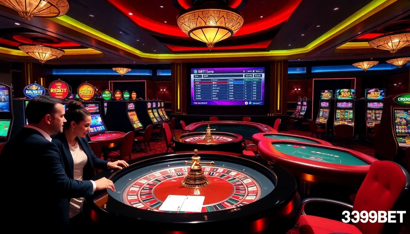 Experience the excitement of 399BET with vibrant casino visuals showcasing online gambling action.
