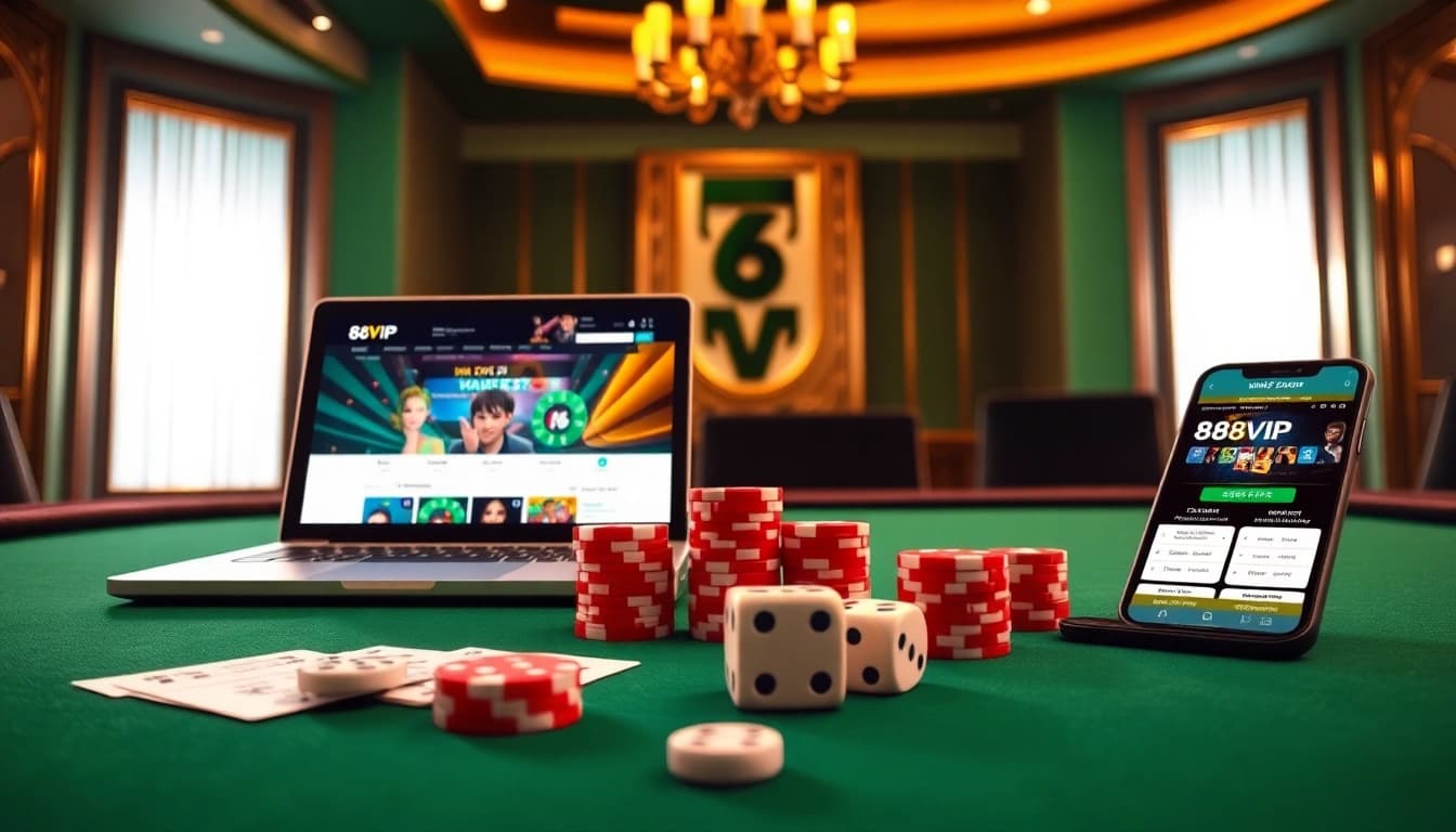 68VIP players enjoying an elite online casino experience with vibrant poker chips and cards.