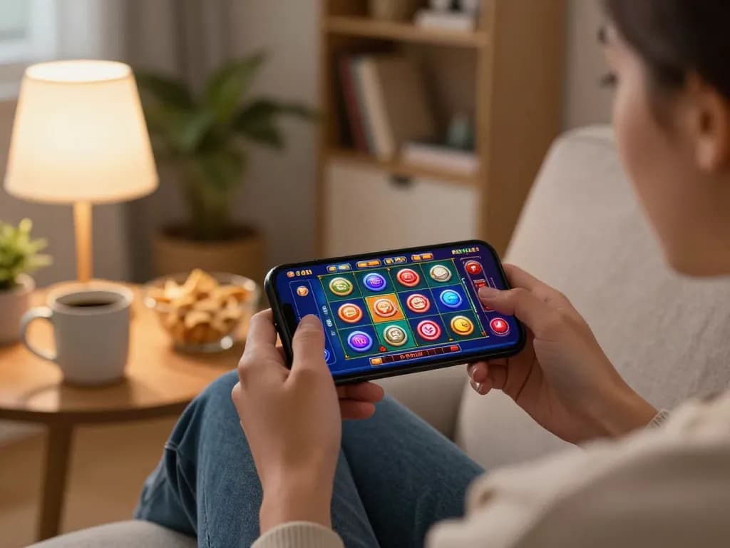 Engaging gameplay with kubet79 mobile app on smartphone at cozy home setting for responsible gambling.