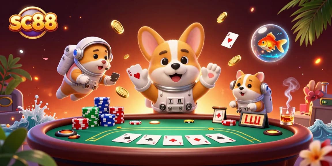 Engage in thrilling action with SC88 casino, featuring colorful poker chips and lively characters.
