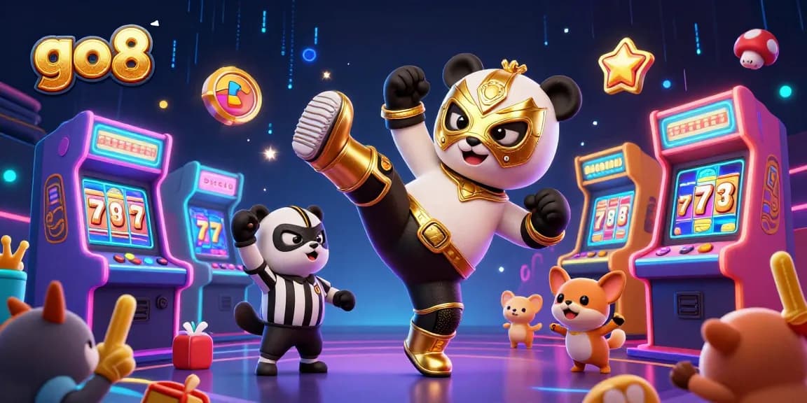 Join the action at go8 with a vibrant 3D scene showcasing a panda wrestler and a referee in a dynamic casino environment.