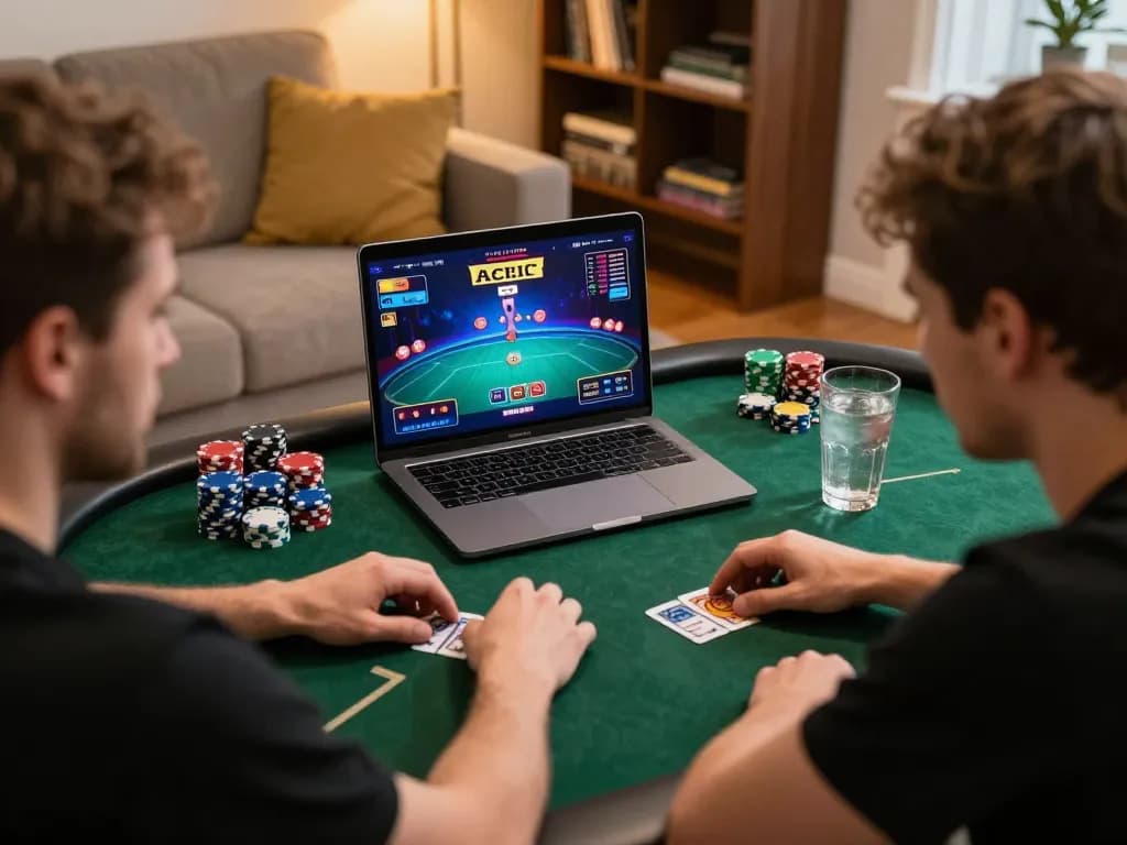 Player engaged in strategic poker online, showcasing nhà cái 789BET gaming interface in a cozy home setting