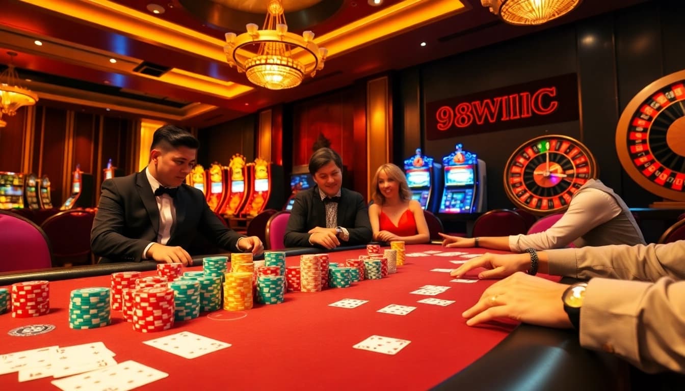 Excited players strategizing at a poker table in the vibrant 98win casino setting.