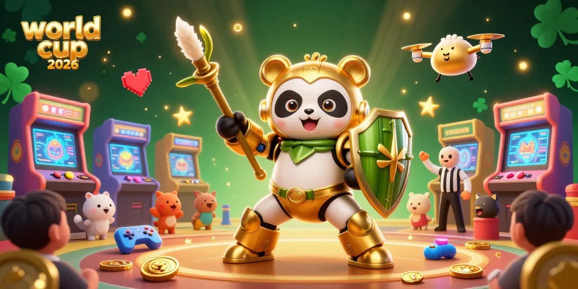 Engage in the world cup 2026 with this vibrant 3D casino scene featuring a golden panda and arcade elements.