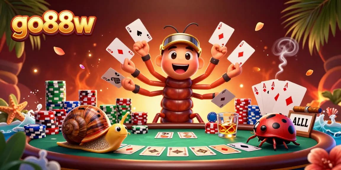 Join the excitement at go88w with a colorful gambling scene featuring poker cards, vibrant characters, and rich gaming elements.