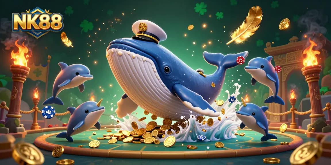 Experience thrilling wins with NK88, featuring a whale, a narwhal, and dolphins in a dynamic casino scene.