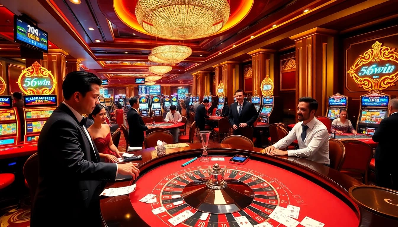 Experience thrilling gameplay at 56win's vibrant casino tables filled with poker chips and colorful slots.