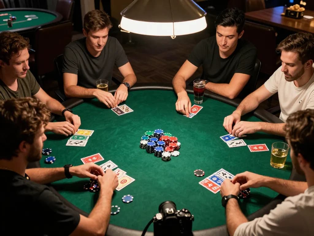 Friends engaging in a strategic poker night with vibrant chips and cards showcasing F168 gaming excitement