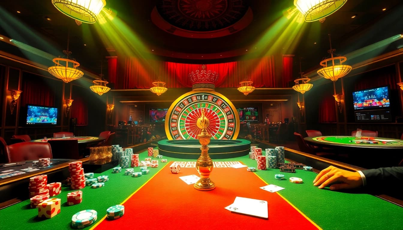 Exciting scene of high-stakes gaming at https://suncity.one/ with cards, chips, and a roulette wheel.