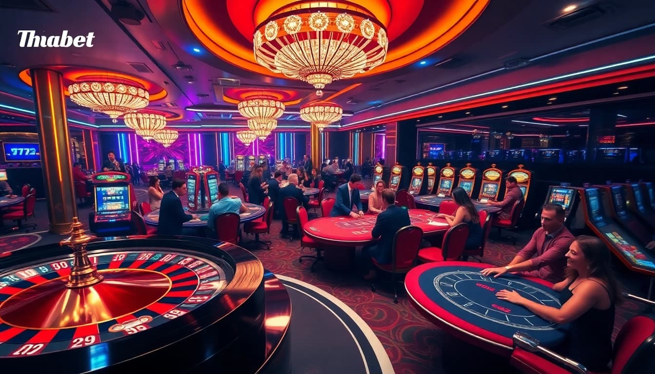 Experience the thrill of winning at Thabet77 Casino with vibrant gaming tables and slot machines.