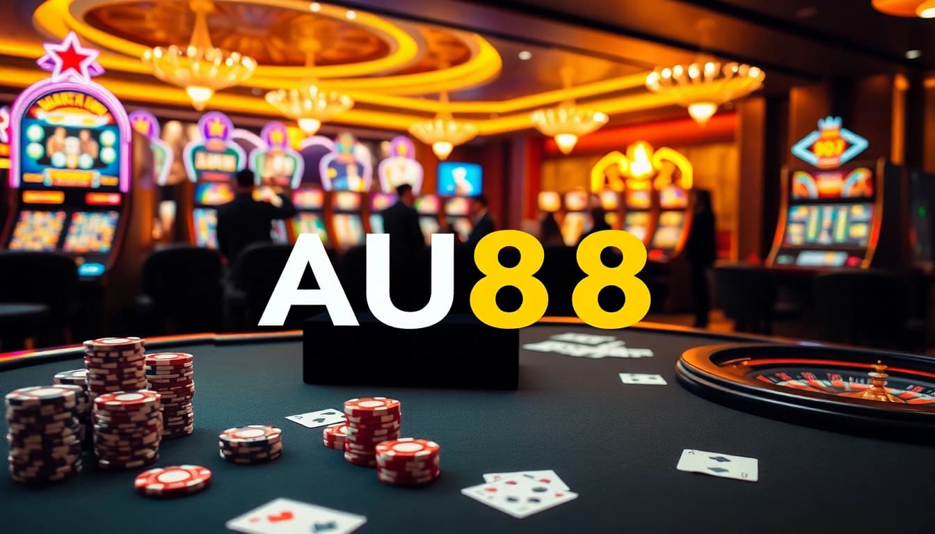 Players enjoying exciting games at AU88's online casino platform, showcasing vibrant slot machines and poker chips.