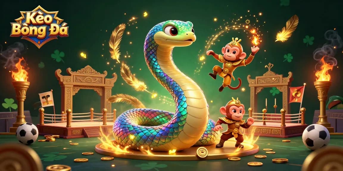 Kèo Bóng Đá engages players with a vibrant, dynamic scene of a rainbow serpent and monkey king in a sports betting arena.