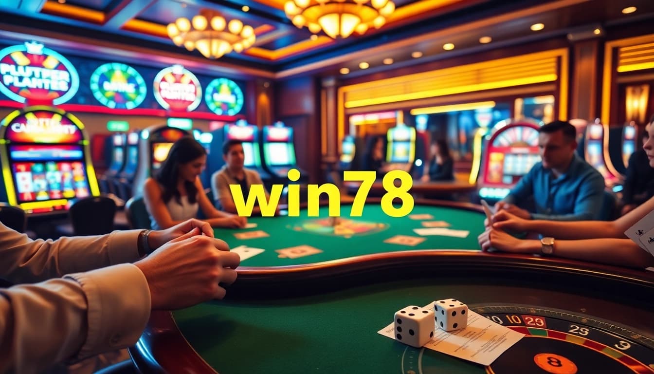 Win78 players enjoying an exciting poker game at a luxurious casino table.