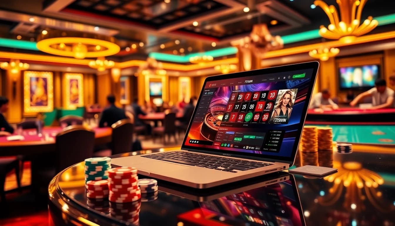 Exciting online gambling scene showcasing 789WIN with vibrant casino tables, poker chips, and roulette.