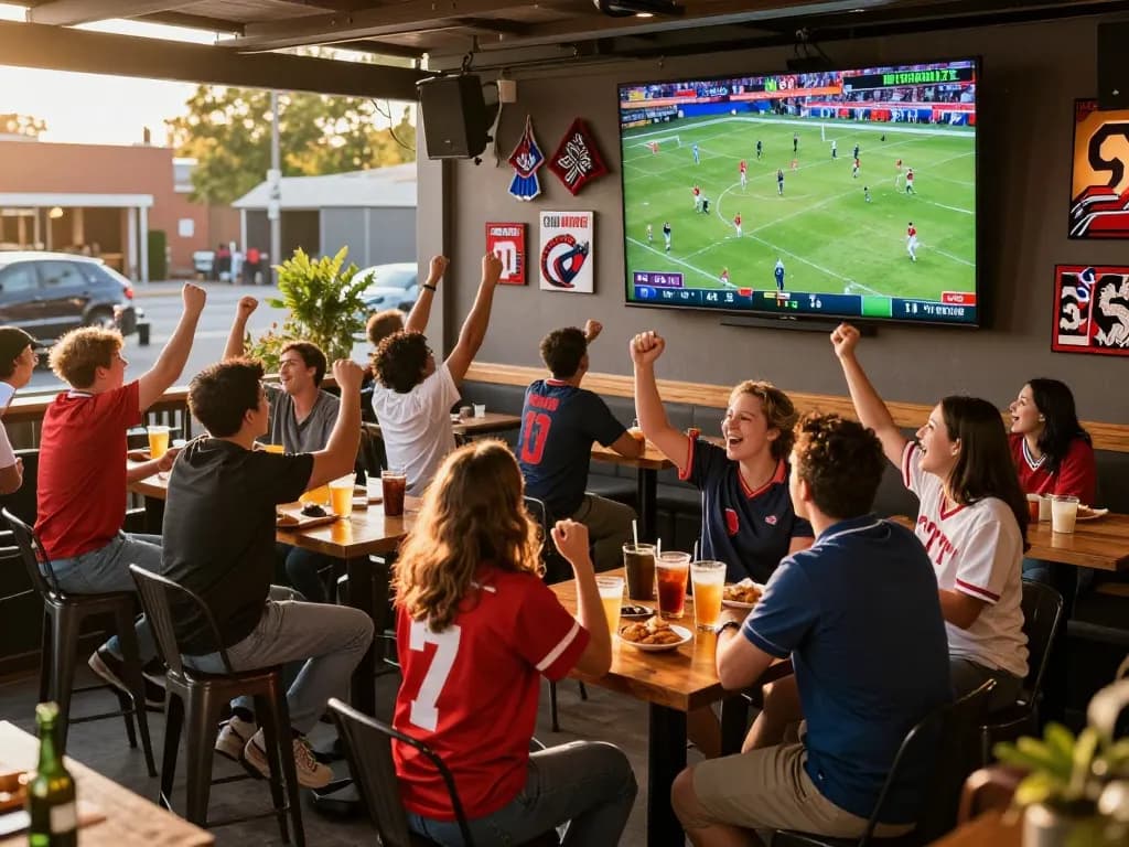 Watch thrilling บอล ออนไลน์ matches with fans at a lively outdoor sports bar.