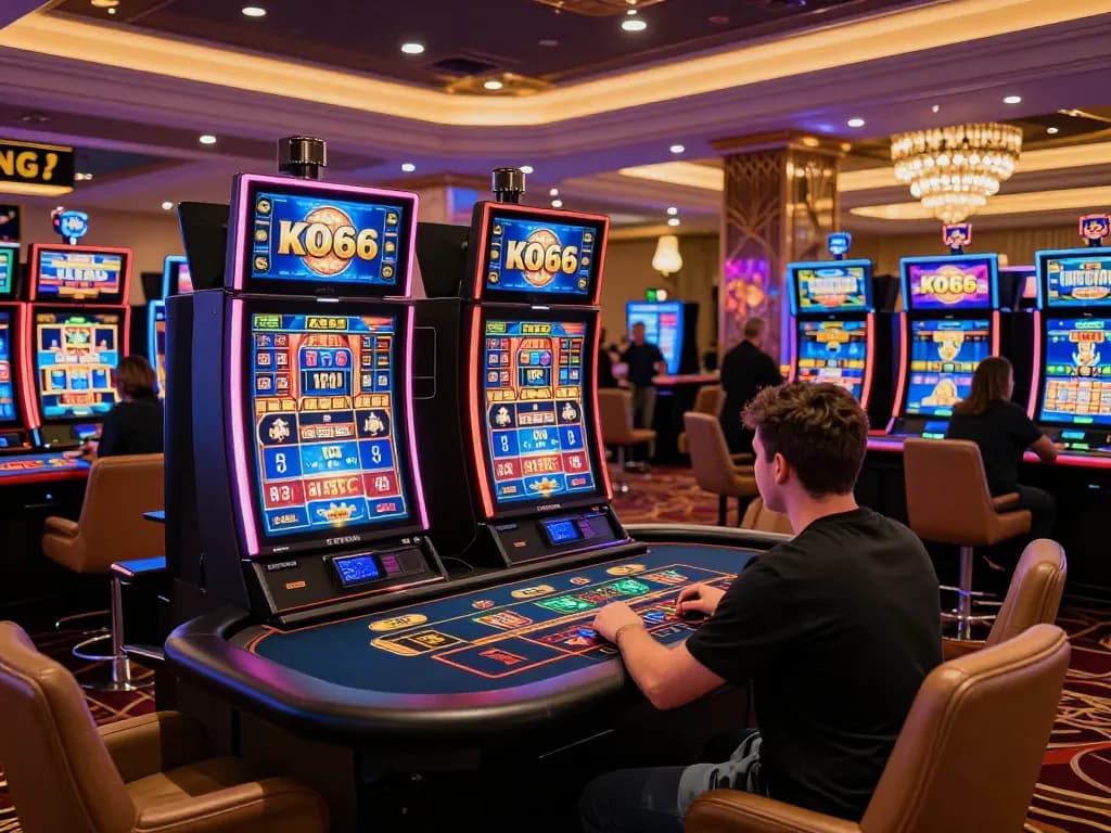 Engaging KO66 online casino experience with players at vibrant gaming tables and exciting slot machines.