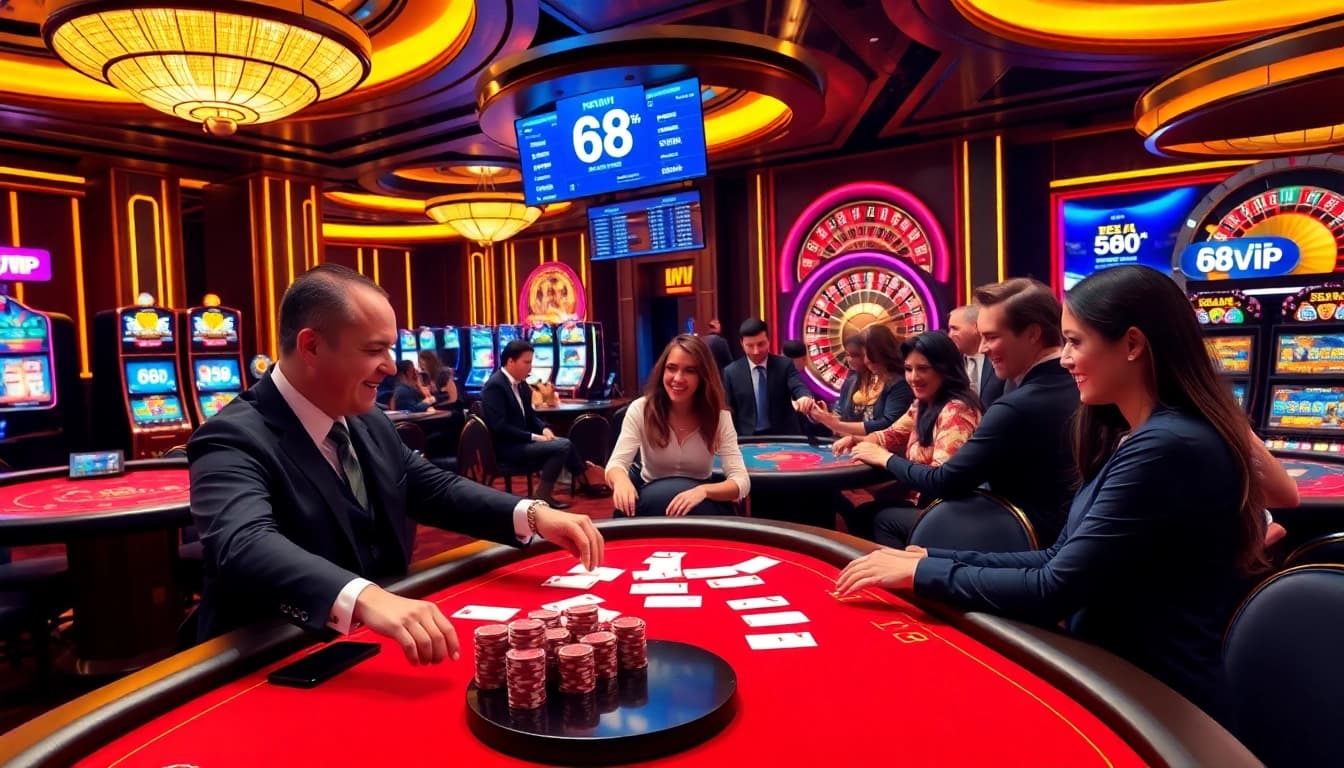 Excited players betting at 68VIP casino tables under warm, inviting lights.