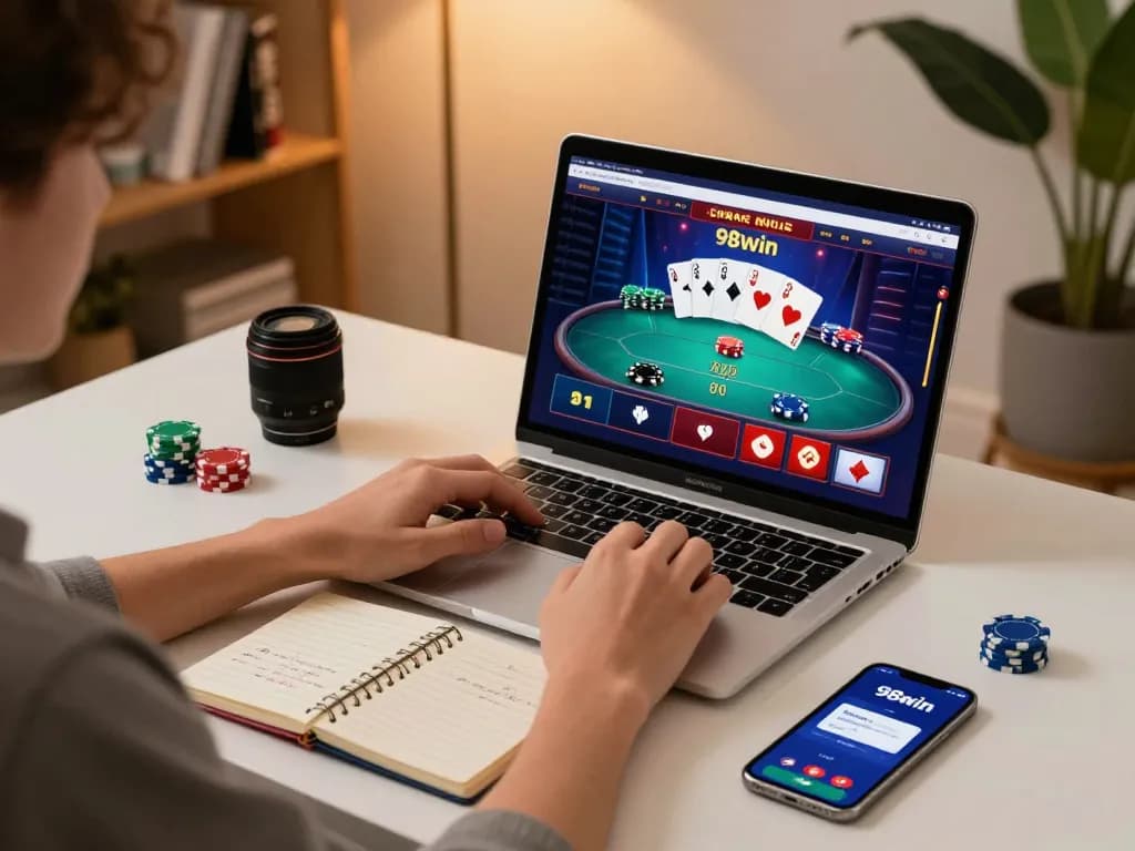 Engaging scene of a player enjoying 98win online casino gaming at home, focused on poker interface.