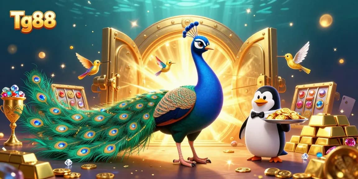 Tg88 showcases a vibrant casino scene with 3D characters surrounded by treasures and gaming elements.