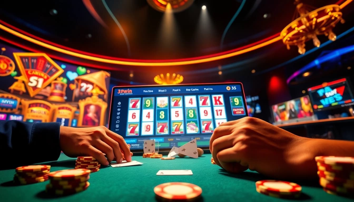 Engaging 33win online gambling scene featuring players and digital games in a luxurious atmosphere.