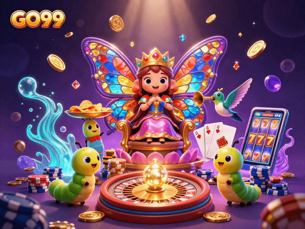 Experience exciting gameplay with GO99 featuring a vibrant butterfly queen and animated casino elements.