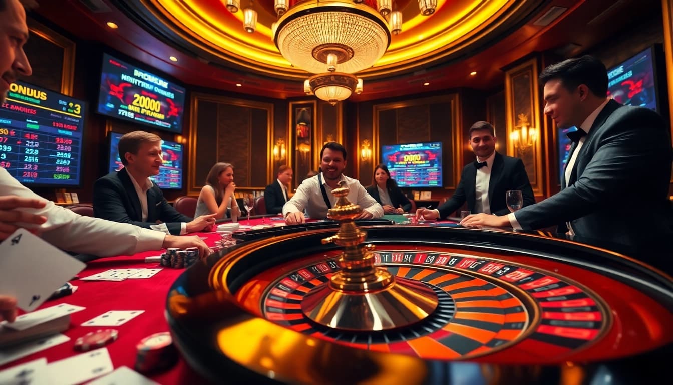 Players enjoying the vibrant Goal123 casino experience with roulette, cards, and poker chips.