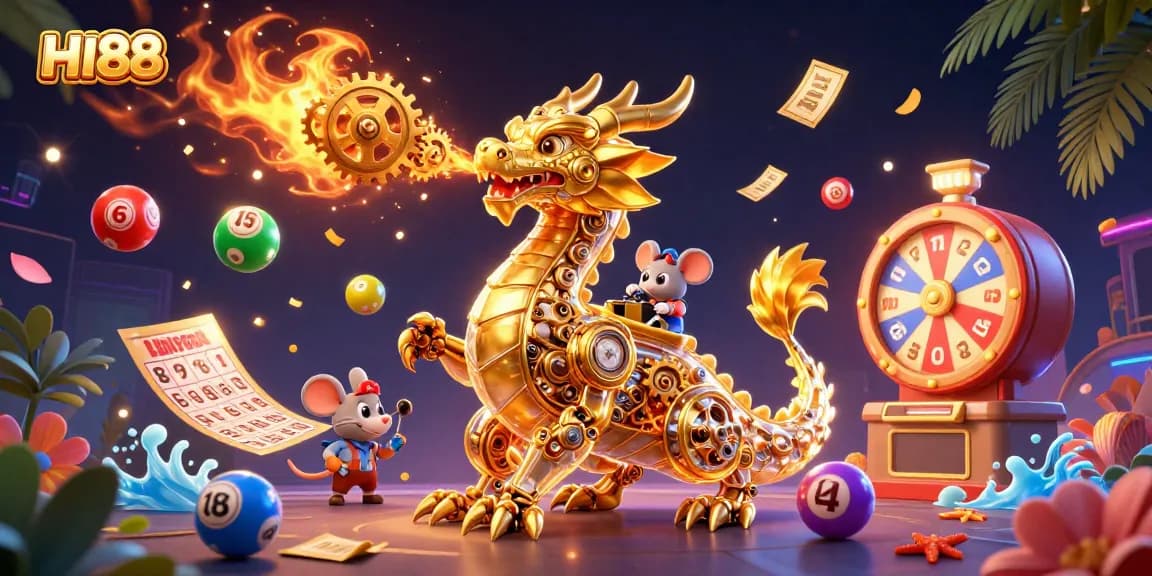 Engage with exciting gaming adventures at HI88 featuring a dynamic 3D dragon scene with colorful lottery elements.