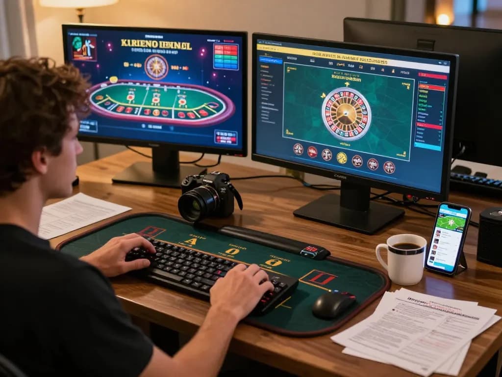 Player engaging with mb66 online gambling setup, featuring live dealer games and sports betting app on multiple screens.