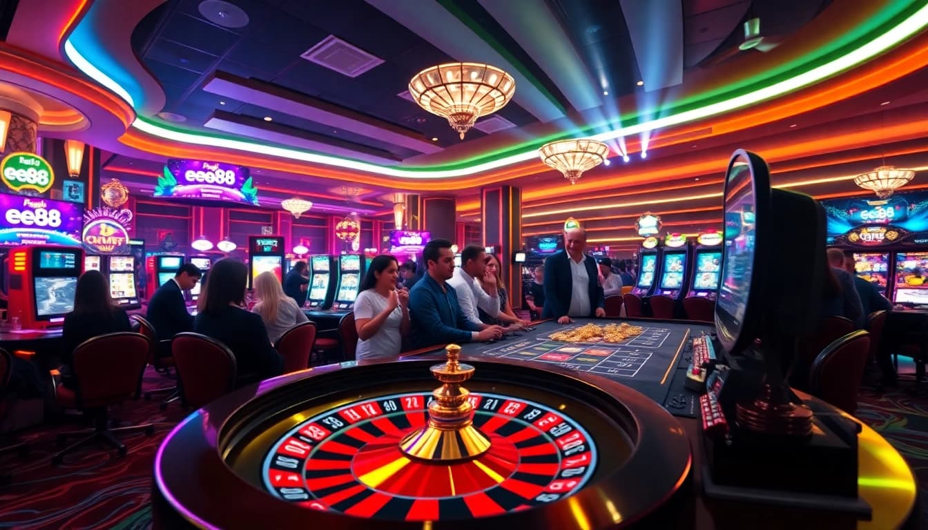 Experience the excitement of ee88 with colorful casino elements showcasing poker chips and a roulette wheel.
