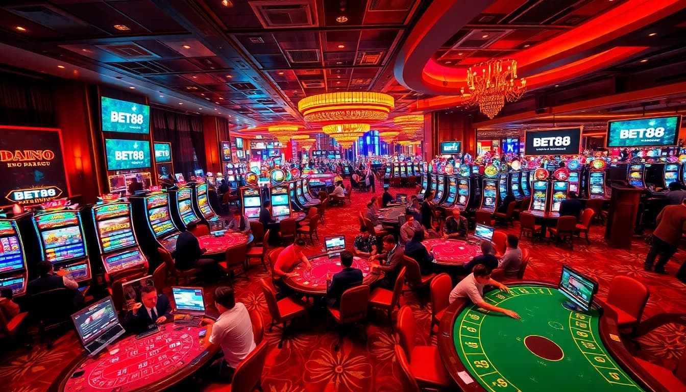 Action-packed casino gaming scene illustrating BET88 with players at tables and vibrant slot machines.