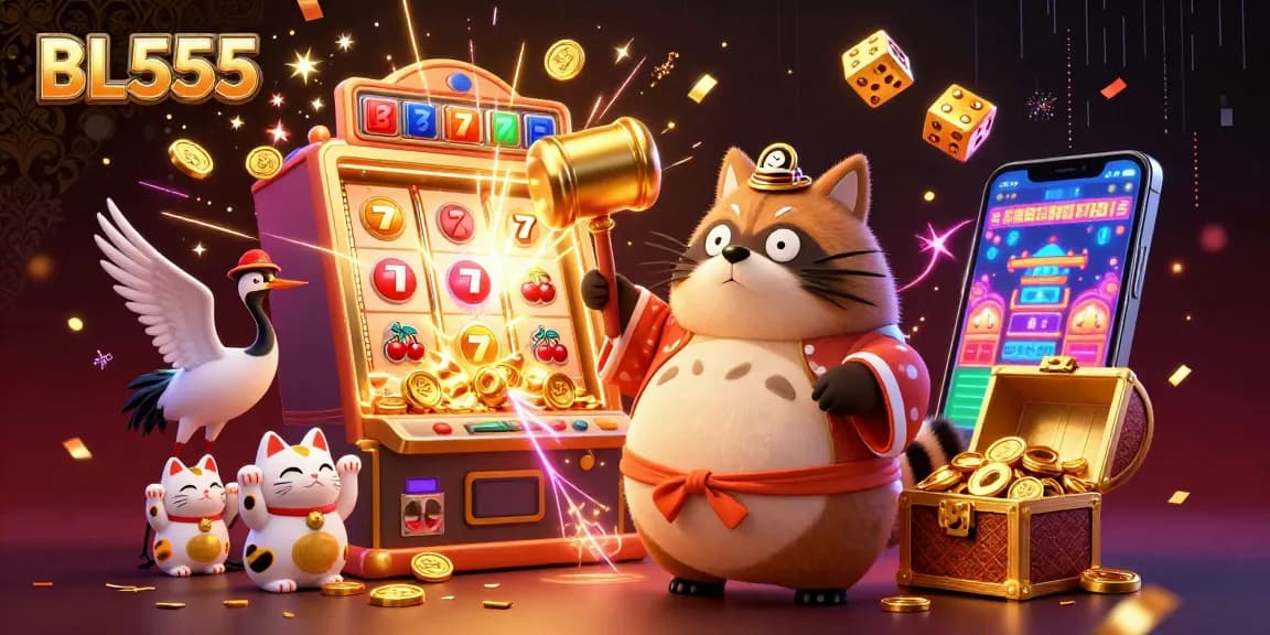 Engage with thrilling BL555 casino vibes, featuring a playful tanuki, symbols, and jackpot elements.