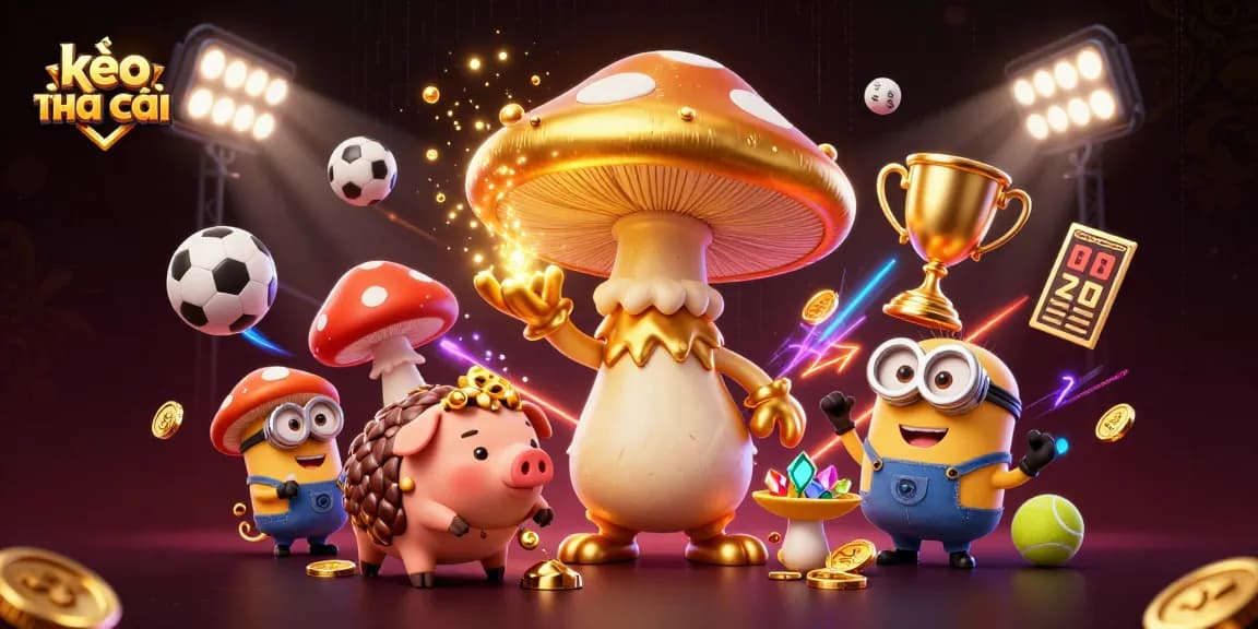 Experience kèo nhà cái magic with a golden mushroom wizard and sports elements in this dynamic illustration.