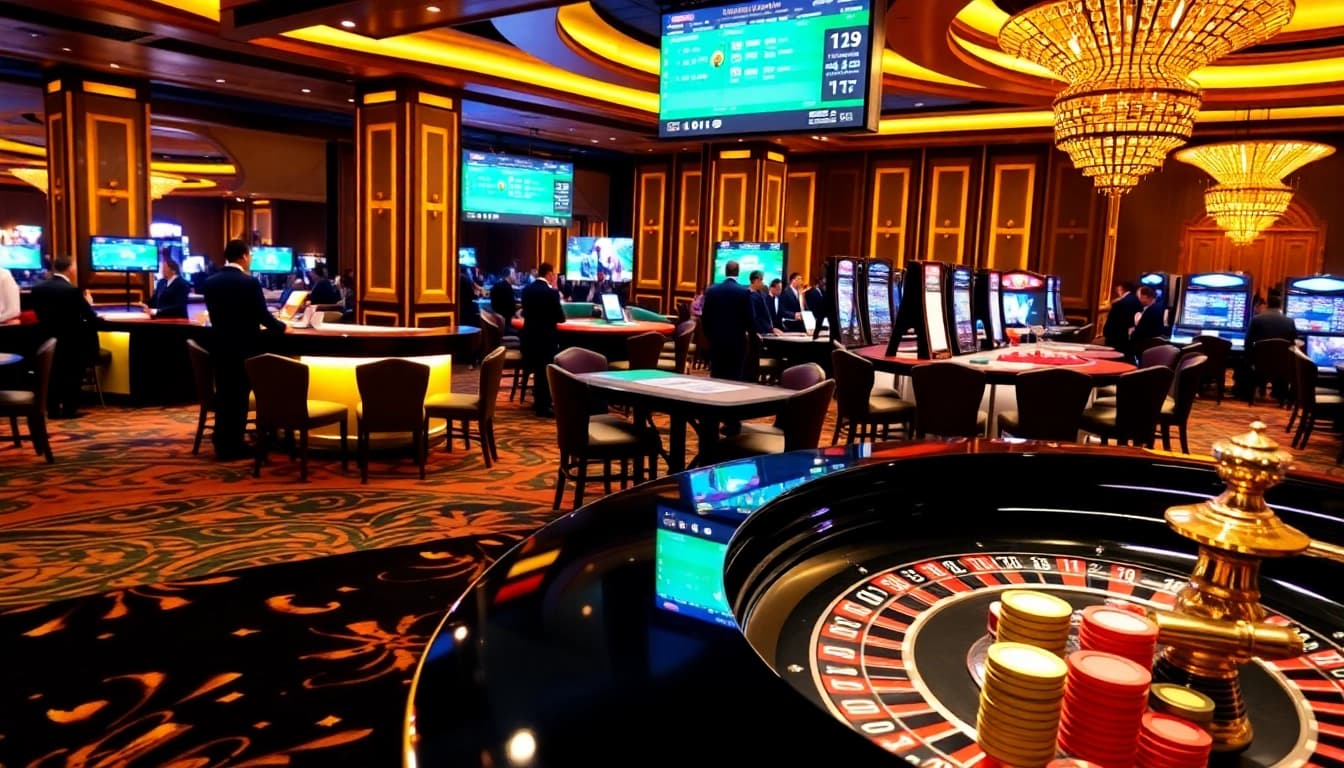 Engaging scene of professional betting at kèo nhà cái with roulette table and live football odds.