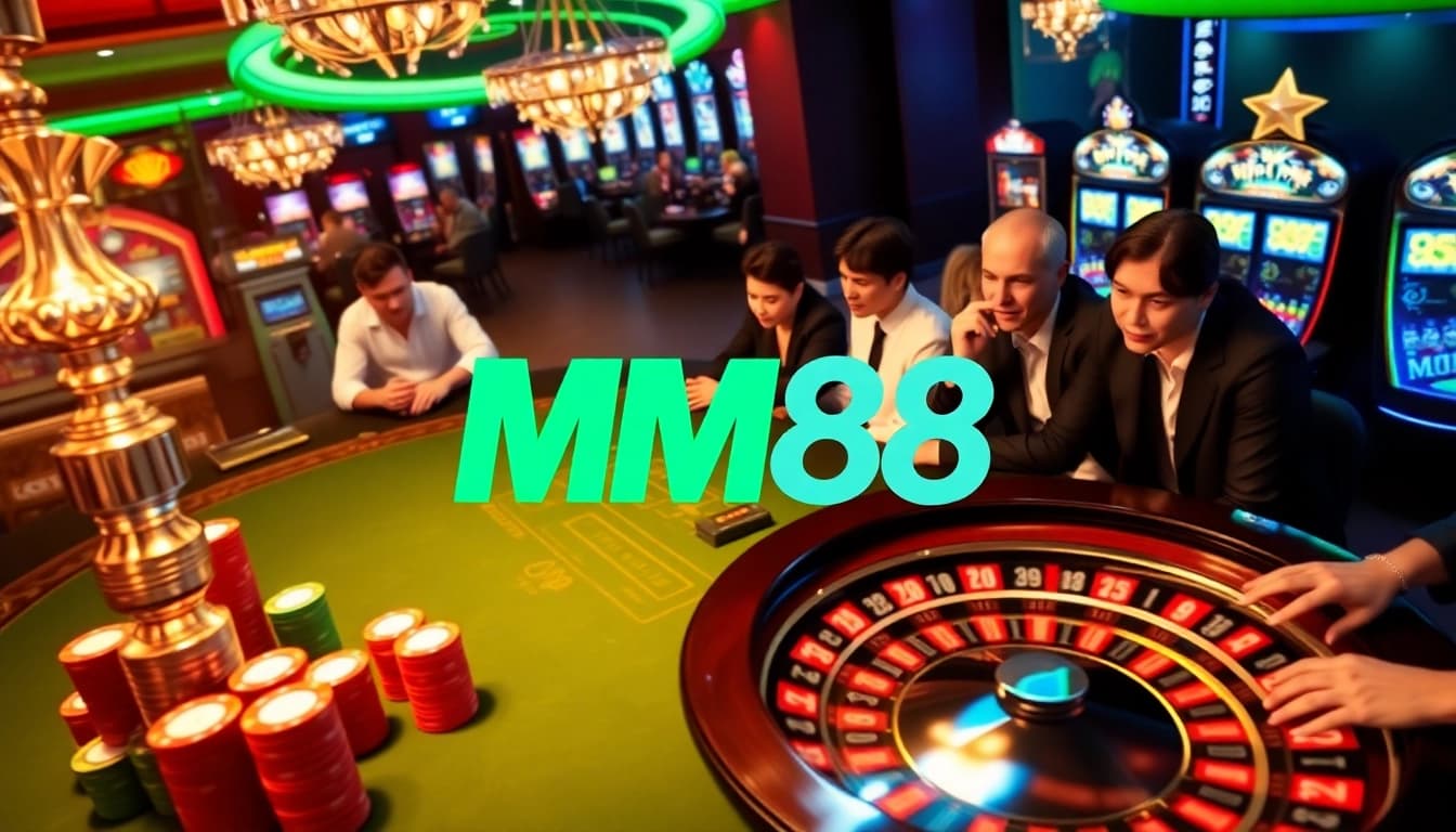 MM88 gamers placing bets at a vibrant casino table with poker chips and roulette wheel.