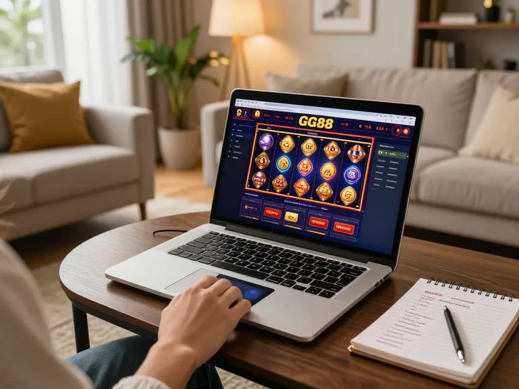 Engaging in online gameplay at GG88 casino with cozy atmosphere and vibrant slot games on laptop.