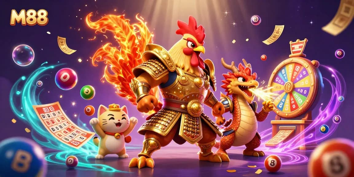 M88 betting experience illustrated with a fighting rooster and dragon mascot, showcasing vibrant lottery elements.