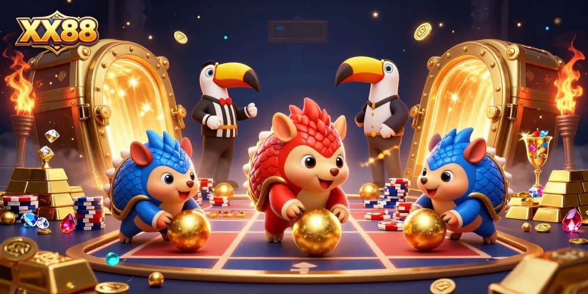 Join the thrilling XX88 bowling game with rival pangolins rolling through poker chips and golden treasures.