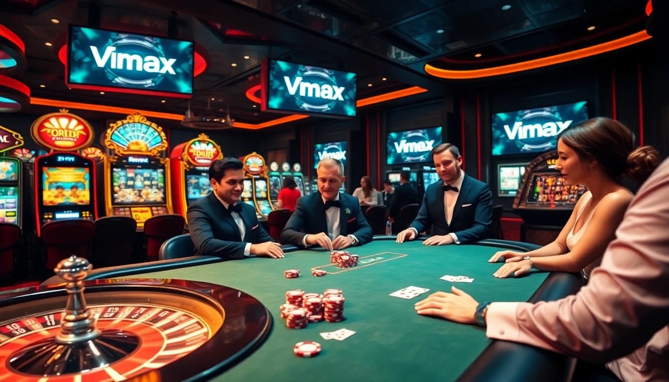 Players enjoy thrilling casino games at Vmax's premium tables, surrounded by vibrant slot machines.