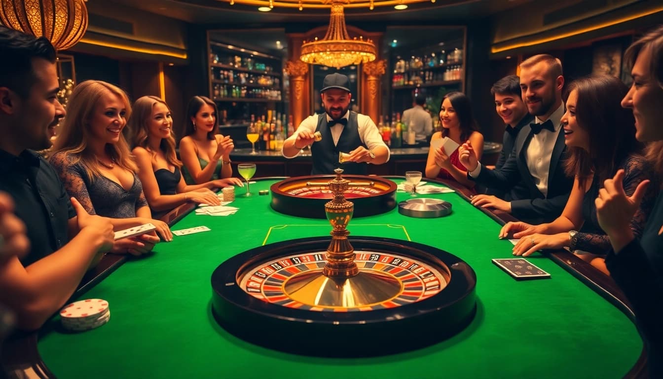Experience the thrill of hitclub with players at a luxurious roulette table in an inviting casino.