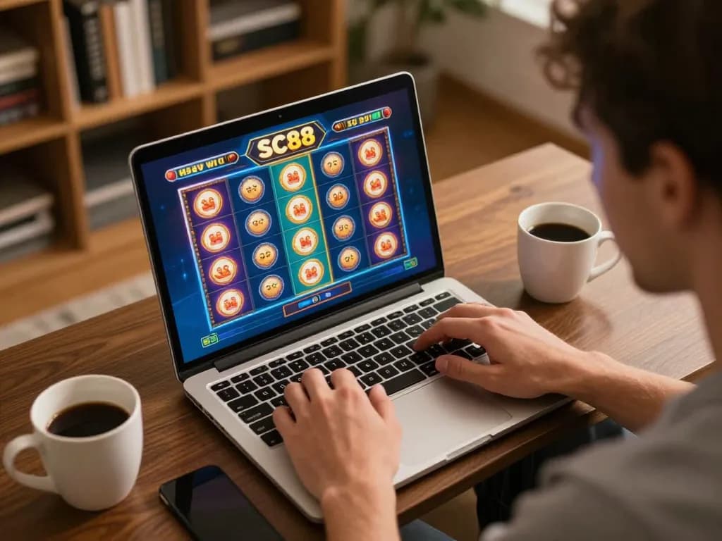 Playing SC88 Game on a laptop at home with exciting slot interface.