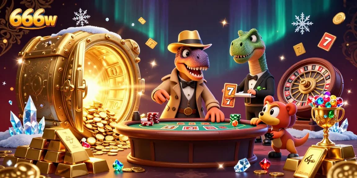 Experience thrilling casino action with 666w as a velociraptor card counter and other characters in a vibrant 3D scene.